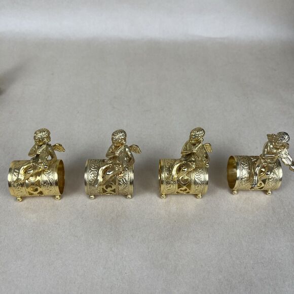 VTG 8pc Gold Tone Metal Angel Playing Violin Filigree Napkin Ring Holder Signed‎ - Picture 8 of 16